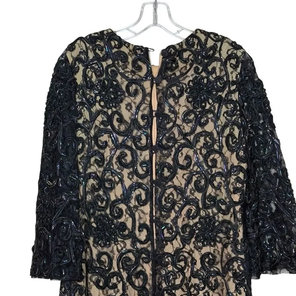 Vintage Joseph Magnin Black Tan 3/4 Sleeve Shift Mini Dress Size 9-10 Lace 60s_6